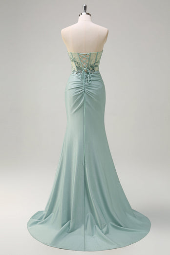 Grey Green Mermaid Strapless Sequin Corset Ruched Prom Dress