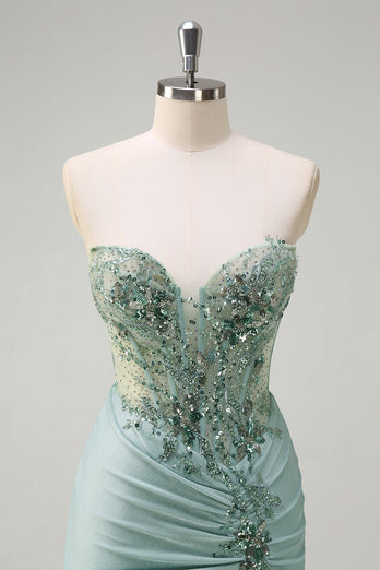 Grey Green Mermaid Strapless Sequin Corset Ruched Prom Dress