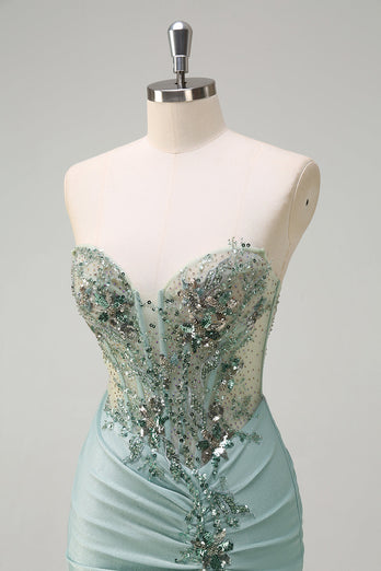 Grey Green Mermaid Strapless Sequin Corset Ruched Prom Dress