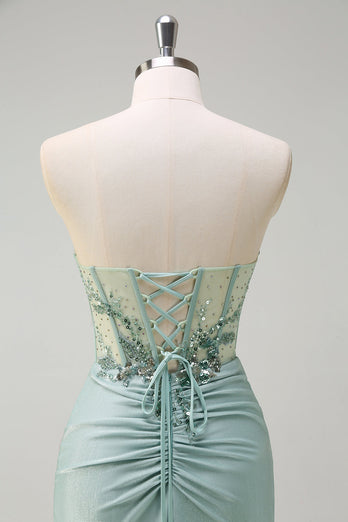Grey Green Mermaid Strapless Sequin Corset Ruched Prom Dress