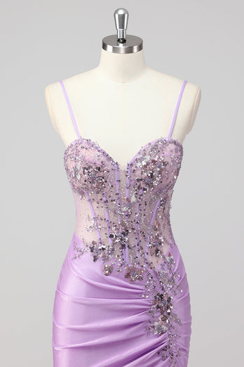 Grey Green Mermaid Strapless Sequin Corset Ruched Prom Dress