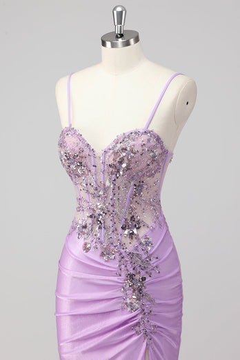 Grey Green Mermaid Strapless Sequin Corset Ruched Prom Dress