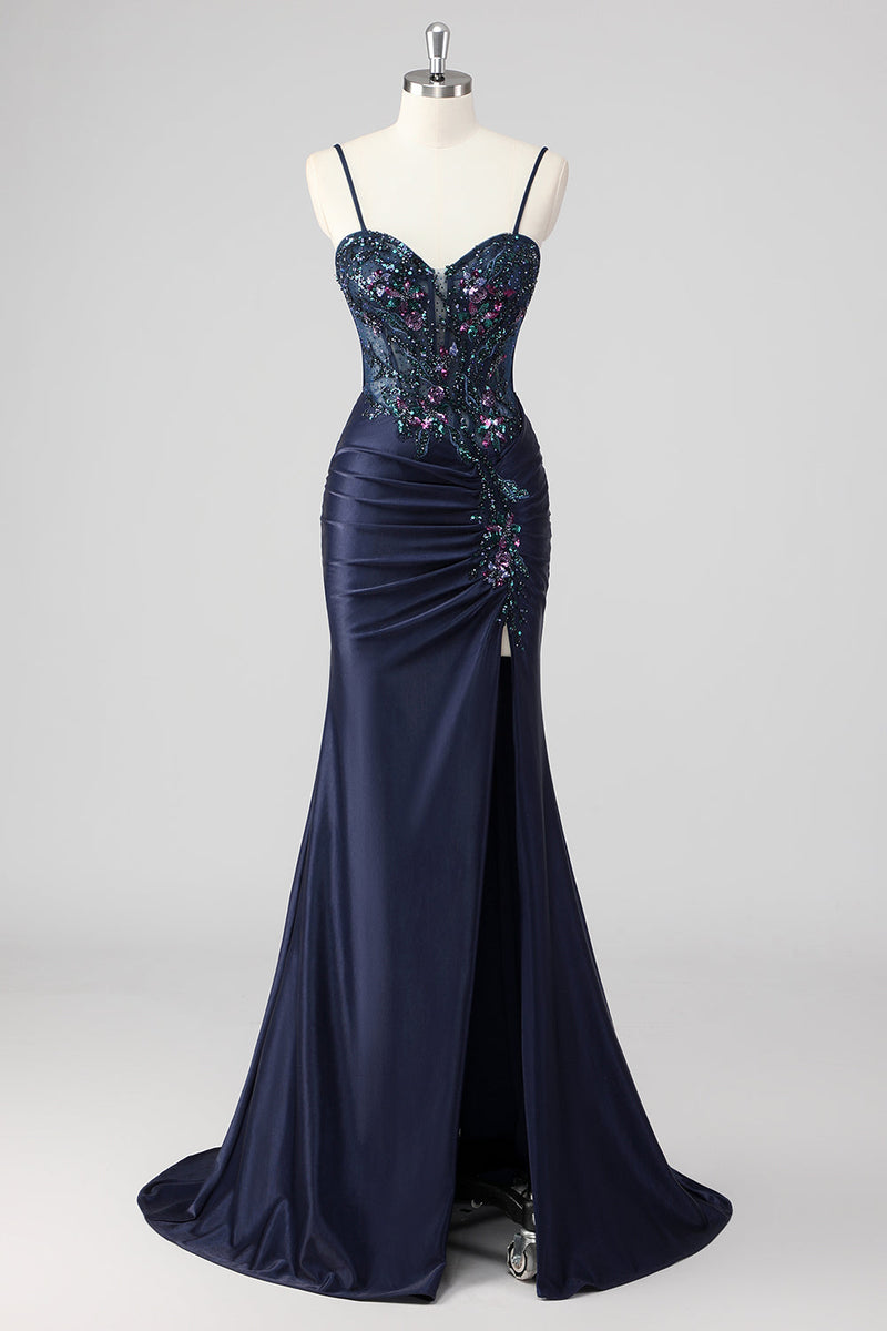 Load image into Gallery viewer, Grey Green Mermaid Strapless Sequin Corset Ruched Prom Dress