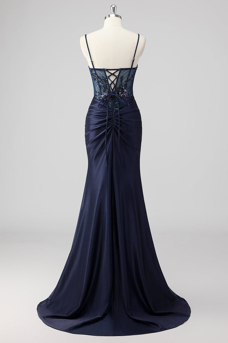 Load image into Gallery viewer, Grey Green Mermaid Strapless Sequin Corset Ruched Prom Dress