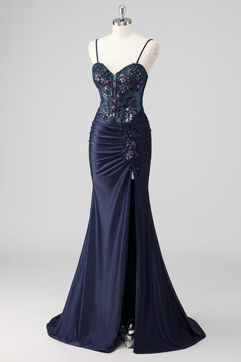 Grey Green Mermaid Strapless Sequin Corset Ruched Prom Dress