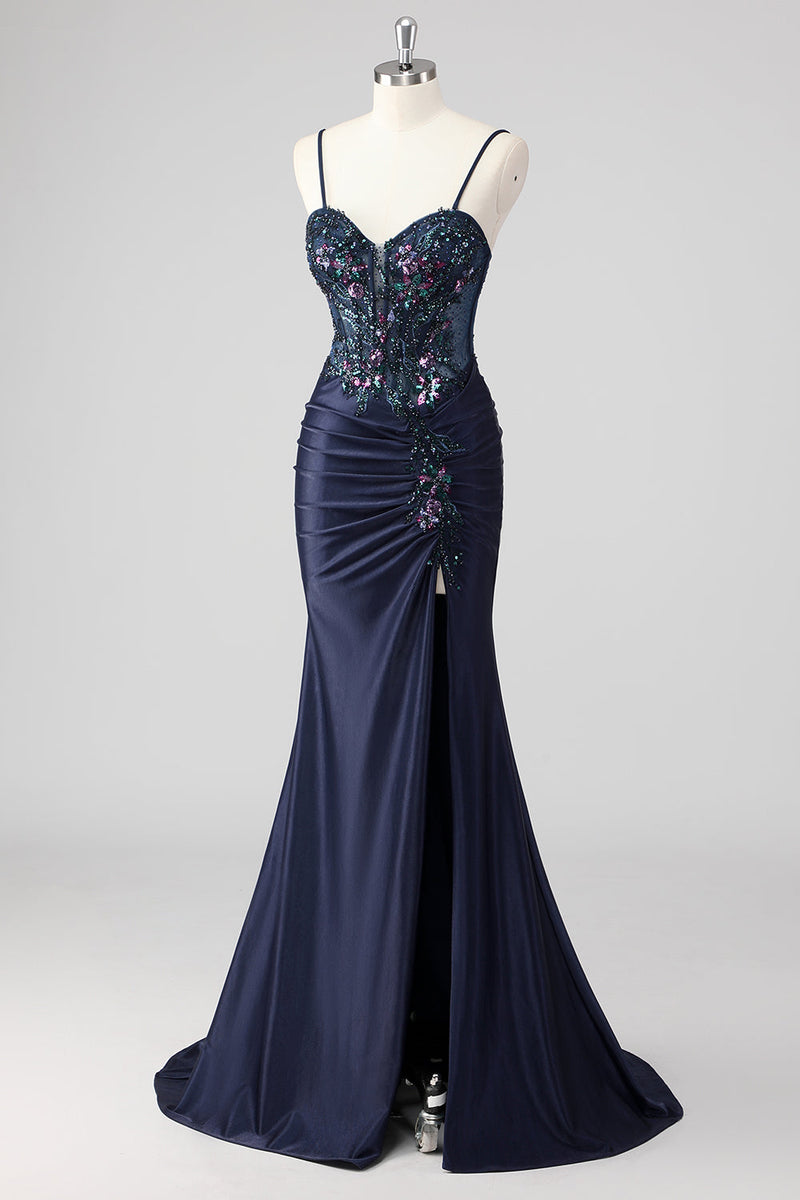Load image into Gallery viewer, Grey Green Mermaid Strapless Sequin Corset Ruched Prom Dress