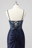 Load image into Gallery viewer, Grey Green Mermaid Strapless Sequin Corset Ruched Prom Dress