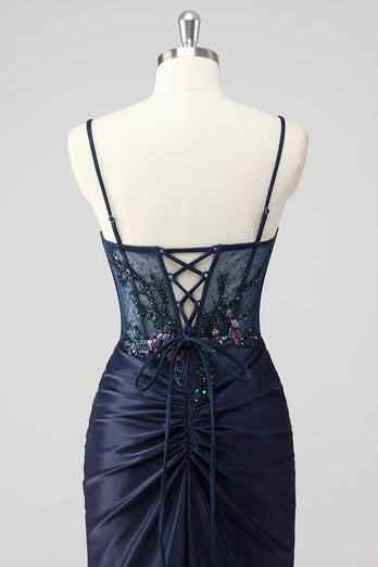 Grey Green Mermaid Strapless Sequin Corset Ruched Prom Dress