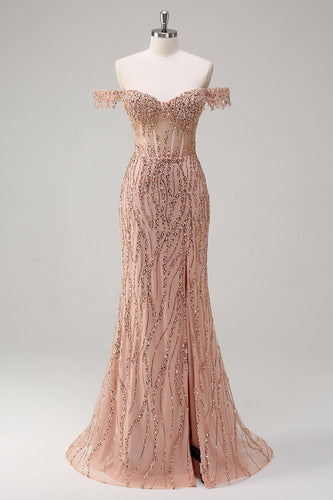 Sparkly Mermaid Dusty Rose Off the Shoulder Long Prom Dress with Slit