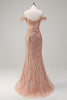 Load image into Gallery viewer, Sparkly Mermaid Dusty Rose Off the Shoulder Long Prom Dress with Slit