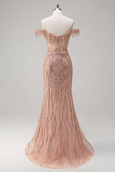 Sparkly Mermaid Dusty Rose Off the Shoulder Long Prom Dress with Slit