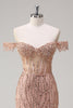 Load image into Gallery viewer, Sparkly Mermaid Dusty Rose Off the Shoulder Long Prom Dress with Slit