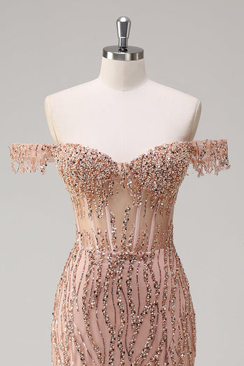 Sparkly Mermaid Dusty Rose Off the Shoulder Long Prom Dress with Slit