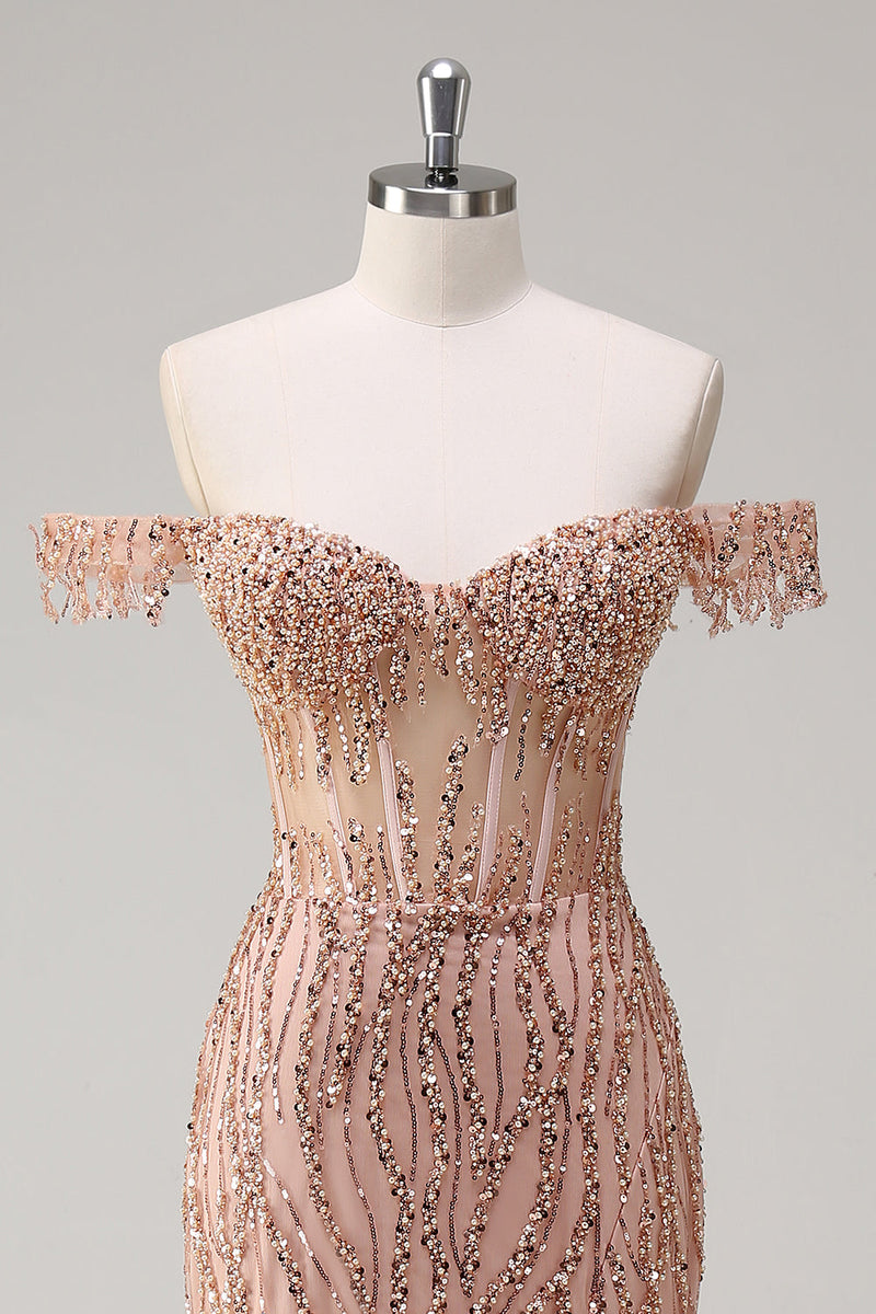 Load image into Gallery viewer, Sparkly Mermaid Dusty Rose Off the Shoulder Long Prom Dress with Slit