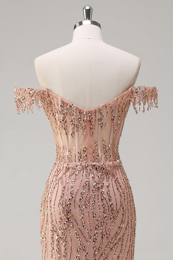 Sparkly Mermaid Dusty Rose Off the Shoulder Long Prom Dress with Slit