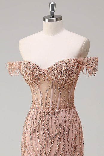 Sparkly Mermaid Dusty Rose Off the Shoulder Long Prom Dress with Slit