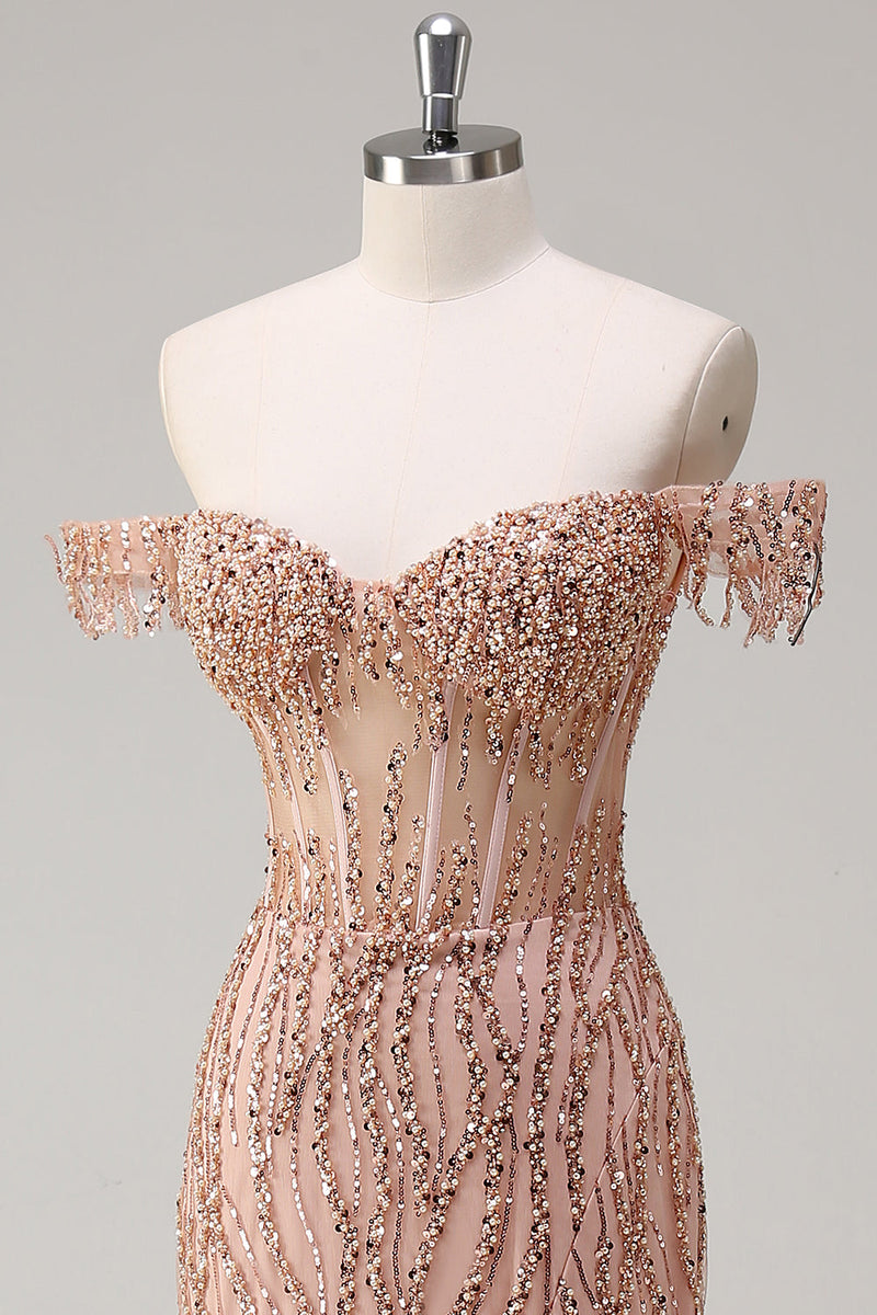 Load image into Gallery viewer, Sparkly Mermaid Dusty Rose Off the Shoulder Long Prom Dress with Slit