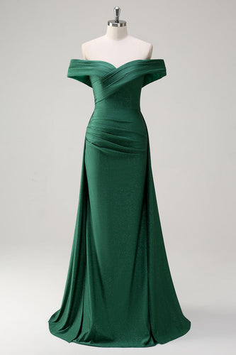 Glitter Off the Shoulder Dark Green Mermaid Prom Dress