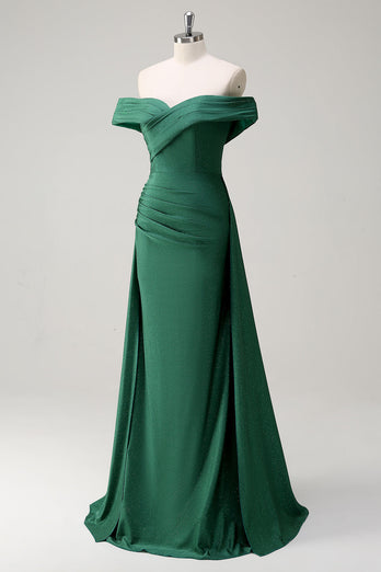 Glitter Off the Shoulder Dark Green Mermaid Prom Dress