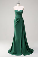 Load image into Gallery viewer, Glitter Strapless Dark Green Mermaid Long Prom Dress with Slit