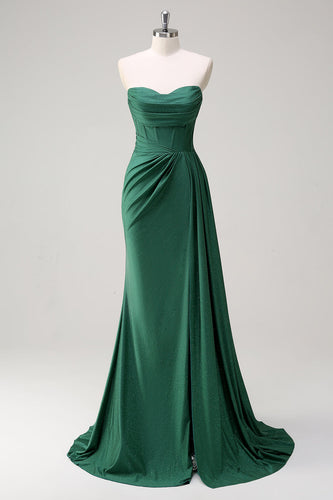 Glitter Strapless Dark Green Mermaid Long Prom Dress with Slit