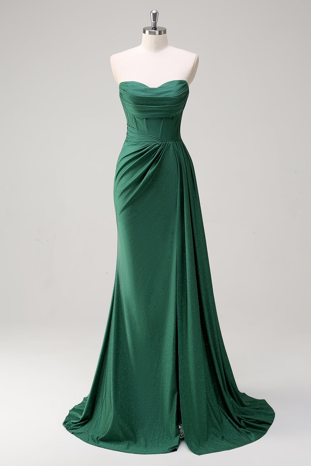 Glitter Strapless Dark Green Mermaid Long Prom Dress with Slit