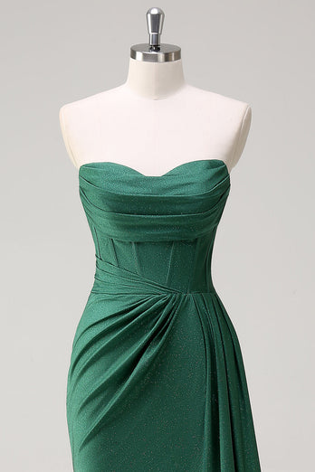 Glitter Strapless Dark Green Mermaid Long Prom Dress with Slit