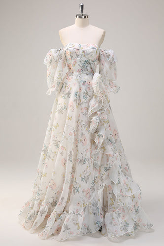 White Floral A Line Off The Shoulder Print Long Prom Dress
