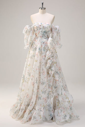 White Floral A Line Off The Shoulder Print Long Prom Dress