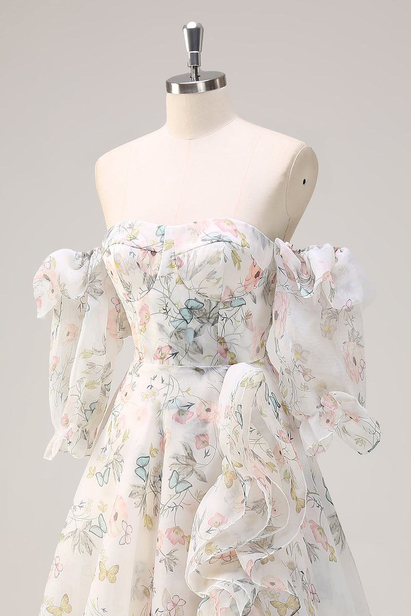 Load image into Gallery viewer, White Floral A Line Off The Shoulder Print Long Prom Dress