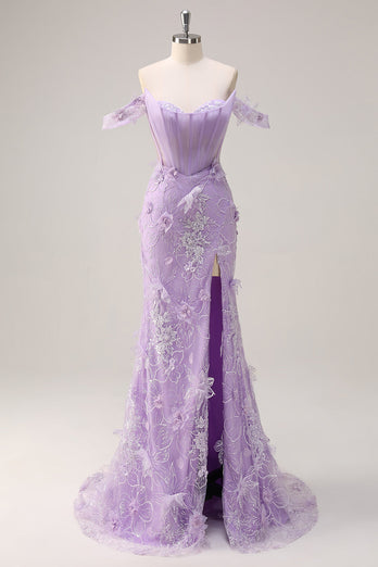Lilac Off the Shoulder Mermaid Corset Long Prom Dress