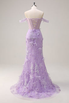Lilac Off the Shoulder Mermaid Corset Long Prom Dress