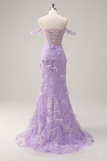 Lilac Off the Shoulder Mermaid Corset Long Prom Dress