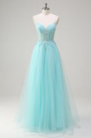 Load image into Gallery viewer, Sky Blue A Line Beaded Prom Dress with Appliques