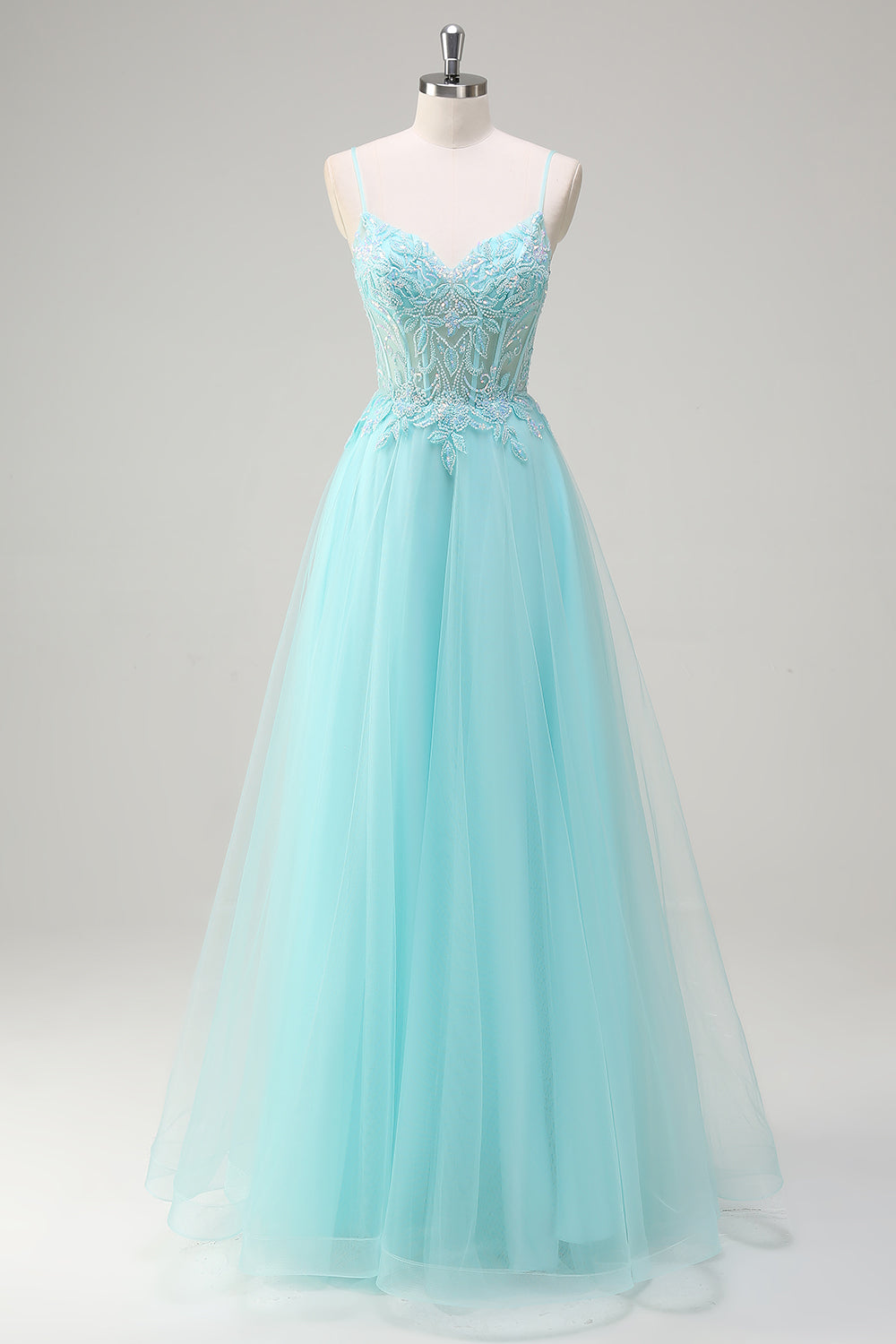 Sky Blue A Line Beaded Prom Dress with Appliques