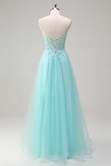 Sky Blue A Line Beaded Prom Dress with Appliques