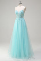 Load image into Gallery viewer, Sky Blue A Line Beaded Prom Dress with Appliques