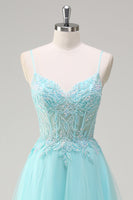 Load image into Gallery viewer, Sky Blue A Line Beaded Prom Dress with Appliques