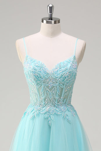 Sky Blue A Line Beaded Prom Dress with Appliques