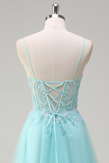 Sky Blue A Line Beaded Prom Dress with Appliques