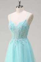 Load image into Gallery viewer, Sky Blue A Line Beaded Prom Dress with Appliques
