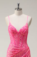 Load image into Gallery viewer, Sparkly Hot Pink Sequin Corset Mermaid Prom Dress with Slit