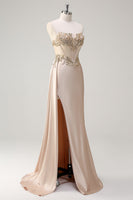 Load image into Gallery viewer, Champagne Strapless Mermaid Satin Prom Dress with Sequins