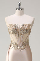 Load image into Gallery viewer, Champagne Strapless Mermaid Satin Prom Dress with Sequins