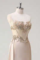Load image into Gallery viewer, Champagne Strapless Mermaid Satin Prom Dress with Sequins