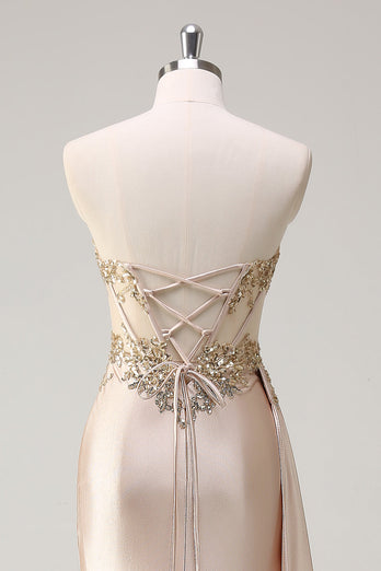 Champagne Strapless Mermaid Satin Prom Dress with Sequins