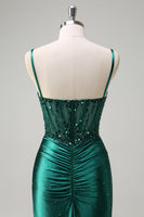 Load image into Gallery viewer, Dark Green Mermaid Corset Beaded Prom Dress with Slit