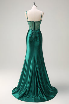 Dark Green Mermaid Corset Beaded Long Prom Dress with Slit