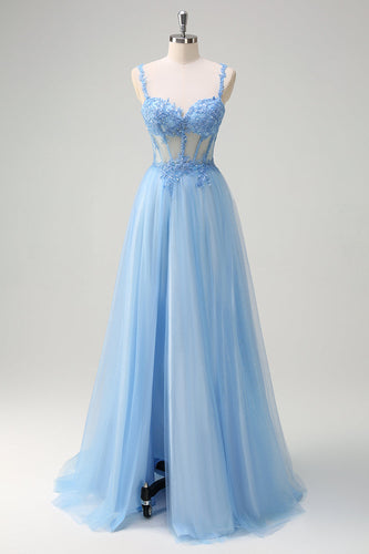 Glitter Blue A Line Sheer Corset Long Prom Dress with Slit