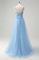 Load image into Gallery viewer, Glitter Blue A Line Sheer Corset Long Prom Dress with Slit
